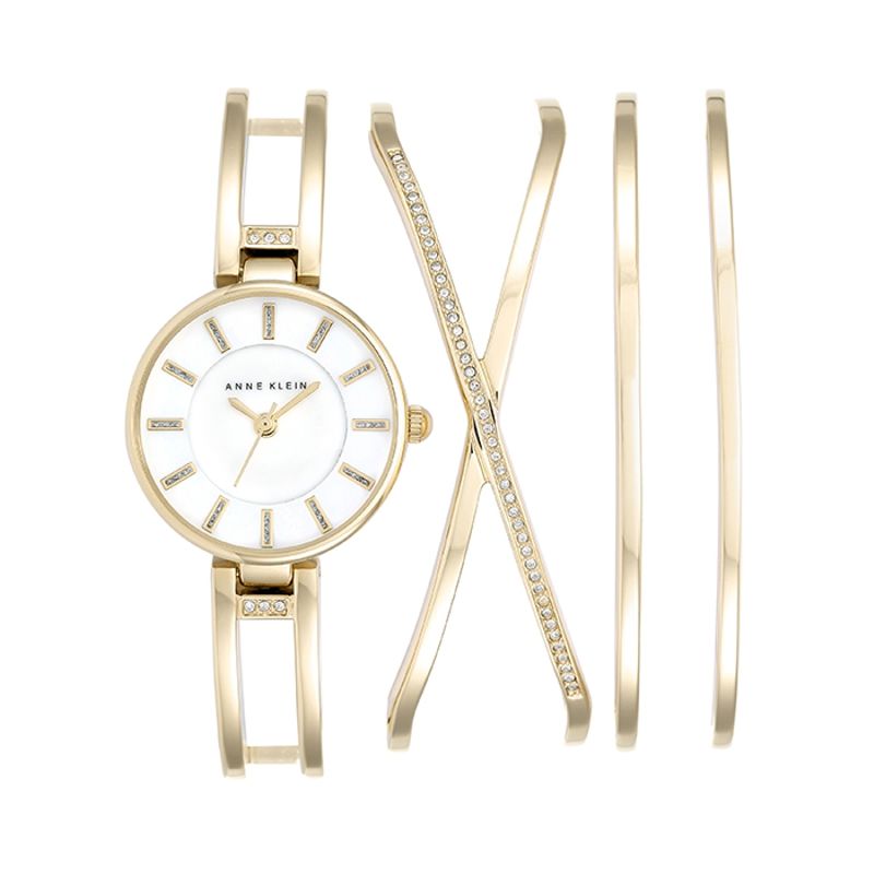 Anne Klein Goldtone Watch and Cuff Bracelet Set - AK-2236GBST - Click Image to Close